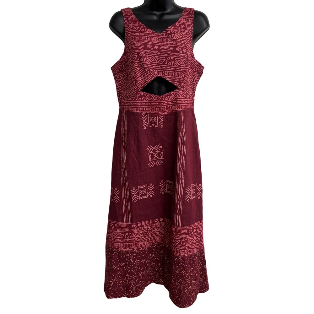 SMUDJ Linen Dress Womens L Red Tribal Sleeveless Cutout Midi Boho New H9